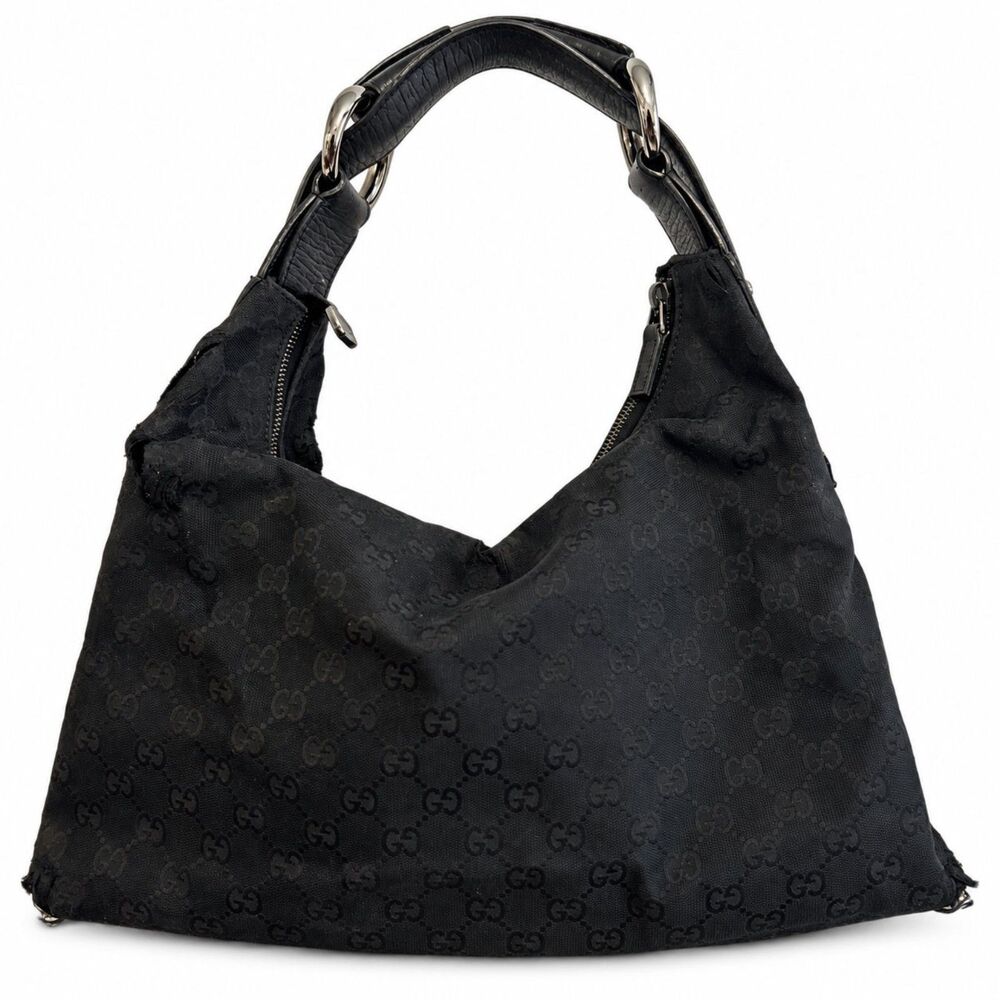Vintage Gucci Horsebit Black GG Canvas Leather Hobo Bag Medium